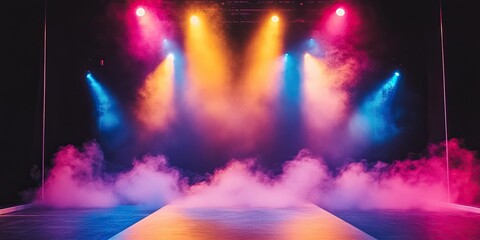 Obraz premium Concert stage background with blue and purple lights. Empty concert floor at futuristic room