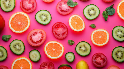 Colorful abstract art composition of sliced fruits pink background
