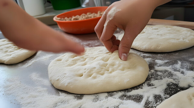 Children making flatbread dough in kitchen