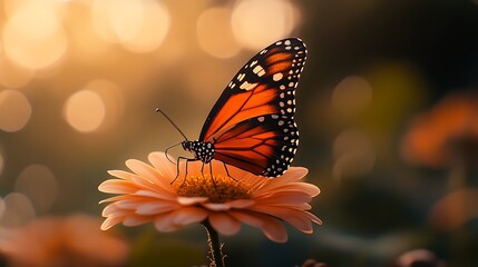 Vibrant butterfly feeding on blooming garden flower.