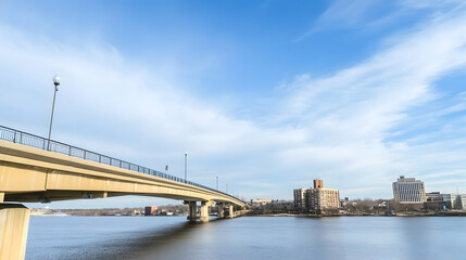 Fototapeta premium City bridge spanning river, clear blue sky, urban skyline in background; ideal for travel, transportation brochures