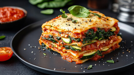 Delicious plant based lasagna with vibrant vegetables and herbs