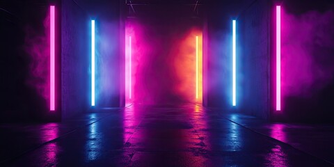 Concert stage background with blue and purple lights. Empty concert floor at futuristic room