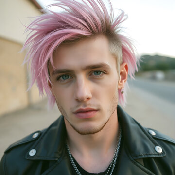 Un joven con un estilo atrevido, ropa rockera y cabello rosa.
