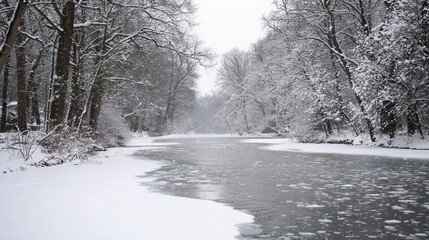 Serene Winter River Landscape: Snow-Covered Trees and Frozen Water
