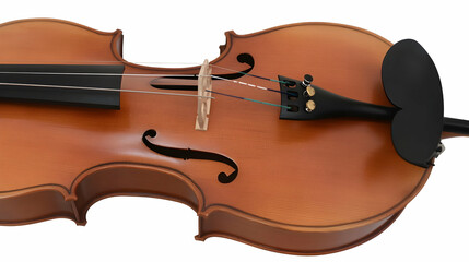 Close-up view of a violin, strings tuned, bridge visible; isolated on white background, suitable for music education or instrument sales