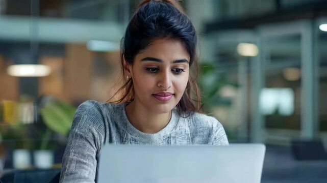 Editorial eyelevel shot of an attractive indian woman in her late thirties working on laptop inside modern office