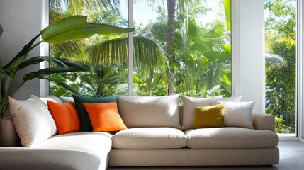 Modern sectional sofa with colorful pillows in sunlit living room overlooking lush tropical garden; ideal for home decor and interior design websites