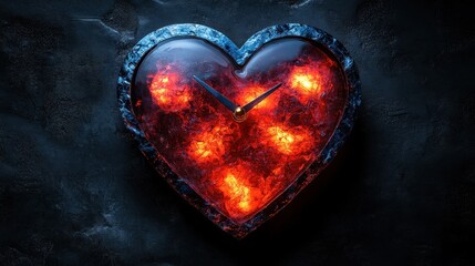 Heart-shaped clock with glowing elements against a dark textured background, symbolizing time and love