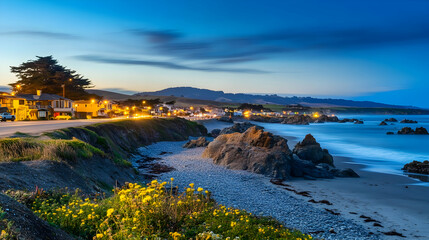 Coastal town twilight, ocean waves, rocky beach, hillside houses, scenic sunset