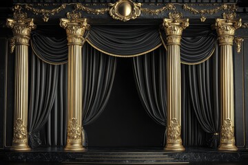 Gold columns, black curtains, marble stage.