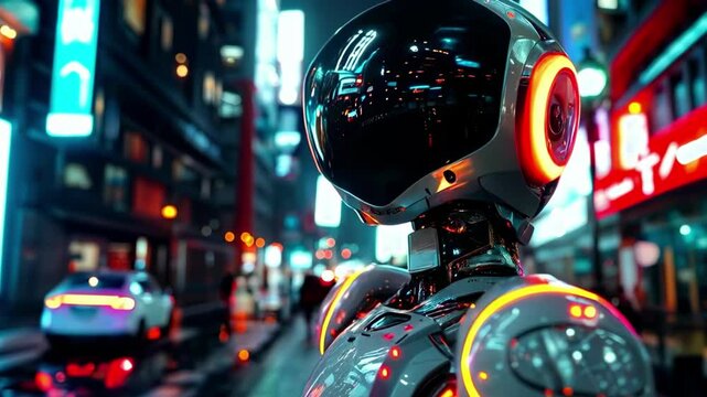 An AI robot in the night city, in a scifi style, with high resolution and hyper realistic details, in a cinematic style