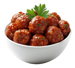 Bowl of glazed meatballs garnished with parsley, culinary presentation. Delicious comfort food concept