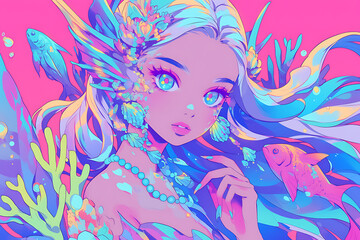 Naklejka premium Colorful underwater scene featuring a mermaid with vibrant hair and aquatic life against a pink backdrop