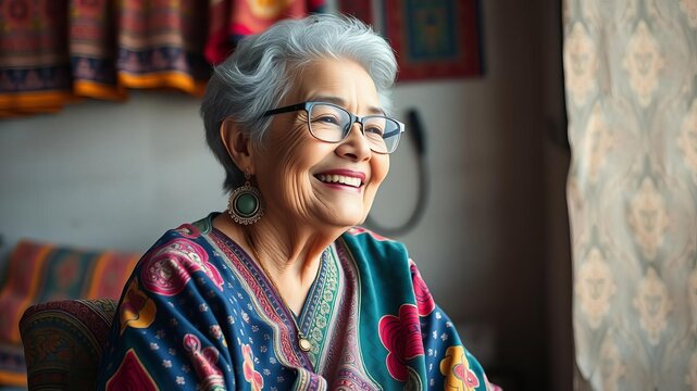 Elderly woman with glasses seated in vibrant setting with bold earrings, patterns, joyful expression, cultural richness, elderly