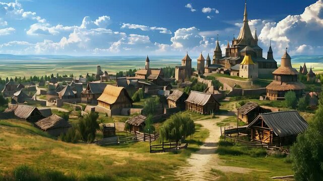 astern European Steppes: A medieval village on the vast steppe, 