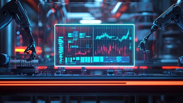 A factory scene with robotic arms assembling products, a transparent holographic screen displaying charts and graphs, cool neon lighting, blurred industrial pipes in the background
