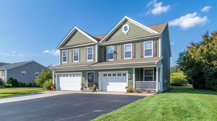 Green House with a Driveway and a Lawn