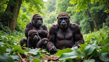 Mountain gorilla family resting in lush rainforest, wildlife conservation