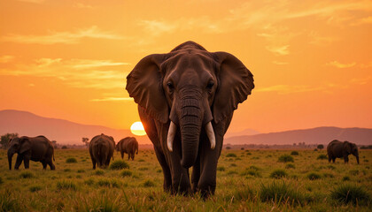 Majestic African elephant grazing in sunset grassland, wildlife beauty