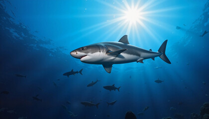 Great white shark swimming gracefully underwater, ocean vitality