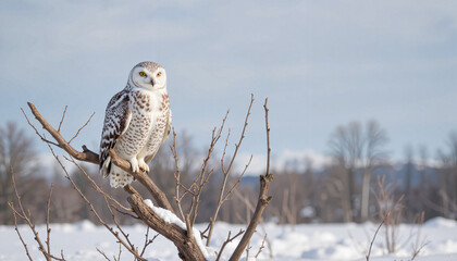 Snowy owl perched on branch in winter tundra, wild animal beauty
