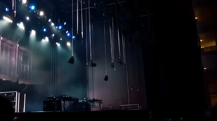 Concert stage setup with hanging speakers, spotlights, and smoke; backstage area visible; use for music event promotion