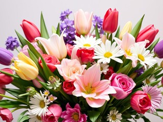 Fototapeta premium A vibrant and elegant flower arrangement featuring a mix of colorful blooms including roses, daisies, tulips, and lilies perfect for any occasion, flower bouquet, nature