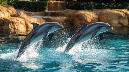Fototapeta premium A pair of dolphins swimming together in crystal-clear water, leaping gracefully in harmony