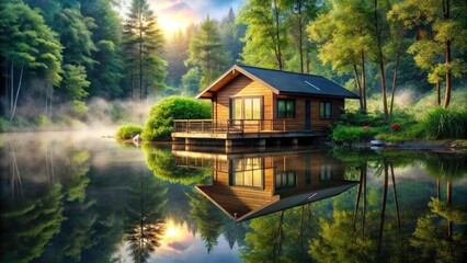 Fototapeta premium Serene wooden cabin floats on calm water, surrounded by vibrant, calming nature.