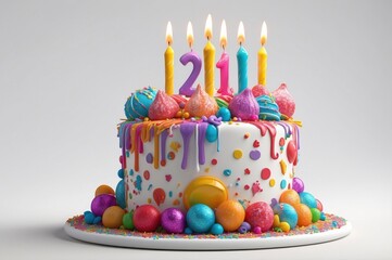 Colorful 21st birthday cake with lit candles and candies.