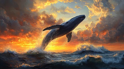 A majestic whale breaching the surface of the ocean, with a dramatic sunset in the background