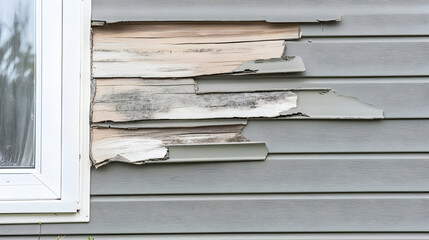 Damaged siding near window, requiring home repair