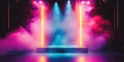 Concert stage background with blue and purple lights. Empty concert floor at futuristic room