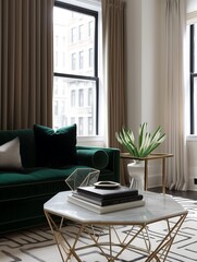 Art Deco-inspired living room interior design with a plush emerald green sofa, a gold geometric coffee table, and rich velvet curtains.