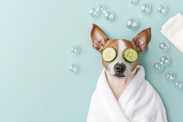 Pampered pup enjoys a relaxing day at the doggy spa with cucumbers and bubbles