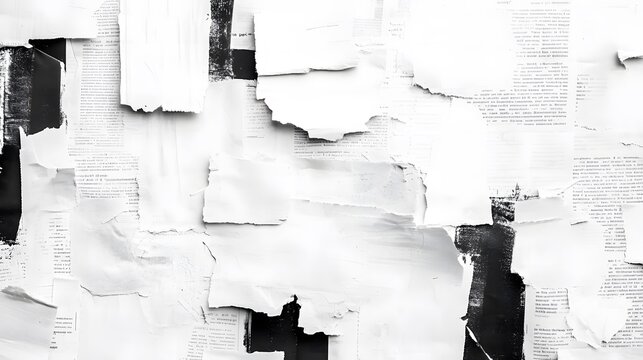 A captivating exploration of torn newspaper articles, creating a striking black and white abstract composition that entices the viewer's imagination.