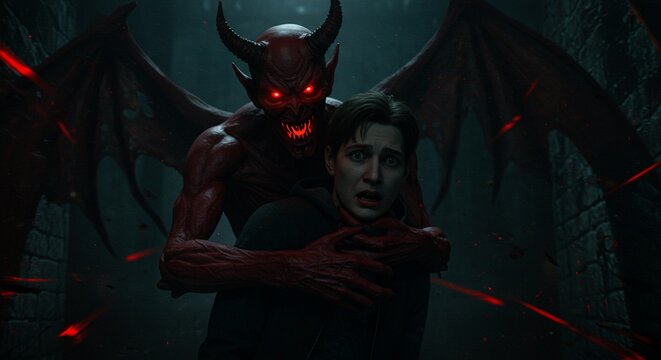 Terrified Man Grappled by a Crimson Demon with Wings in a Dark Gothic Setting