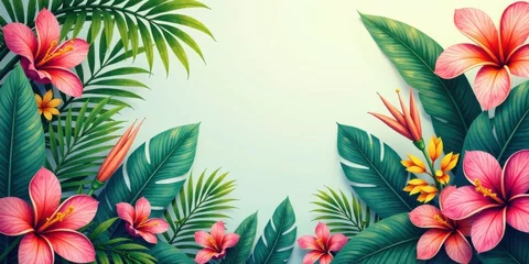 Selbstklebende Fototapeten Vibrant Tropical Floral Frame with Lush Greenery and Delicate Blossoms, Perfect for Summer Designs and Festive Celebrations © napak