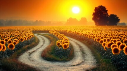 Fototapeta premium Sun-kissed Journey: Tranquil Dirt Path Meandering Through Lush Sunflower Field at Sunset