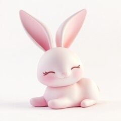 Obraz premium A cute pink bunny figurine with oversized ears and a cheerful expression, sitting comfortably on a soft surface.