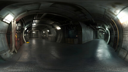 Dark industrial corridor, 360 view, underground facility, equipment in background, perfect for sci-fi film
