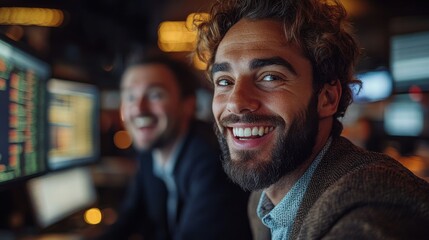 Obraz premium happy stock brokers looking like bulls 