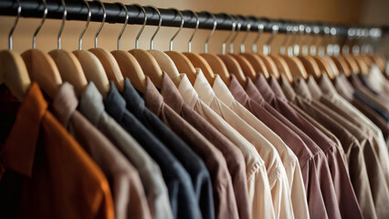 Obraz premium A collection of shirts hanging on wooden hangers, arranged in a row. The shirts vary in color, predominantly in shades of brown and beige
