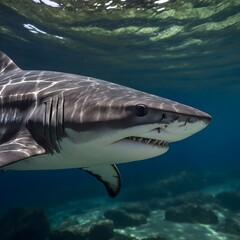 Naklejka premium Borneo Shark Close-Up Featuring Streamlined Form and Unique Markings Against Blurred Backdrop