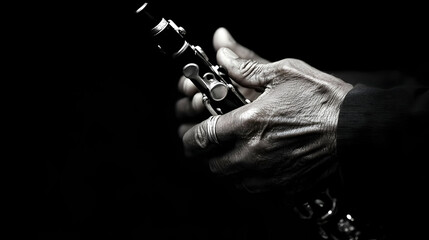 Elderly hands holding clarinet, close-up, dark background, musical performance