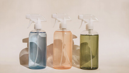 Three transparent spray bottles of varying colors - blue, peach, and green. Each bottle has a white trigger spray nozzle at its top