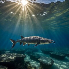 Fototapeta premium Graceful Chinese Paddle fish Gliding Through Crystal Clear Water Under Sunlight
