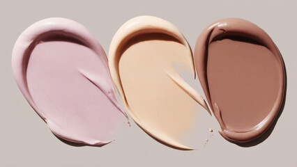 Three smudged, oval-shaped samples of what appears to be a creamy substance, possibly a makeup product. They are laid out side by side on a neutral background