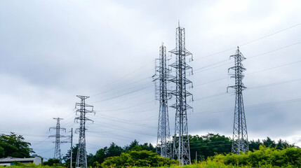 Electricity pylons across rural landscape, power transmission lines against cloudy sky, energy infrastructure, industrial use